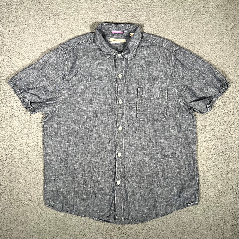 Tommy Bahama Shirt Mens XL Blue Relax Linen‎ Pocket Casual Preppy Short Sleeve